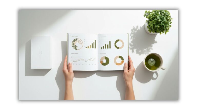 Overhead view of hands holding a personalised 20-page HerNutrea microbiome report with charts next to a white test kit and green tea