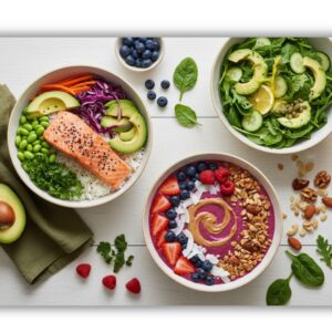Overhead flat lay of gut-healthy meals including a salmon bowl, green salad, and berry smoothie bowl with fresh ingredients on a white table