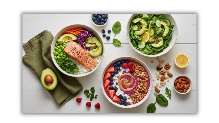 Overhead flat lay of gut-healthy meals including a salmon bowl, green salad, and berry smoothie bowl with fresh ingredients on a white table