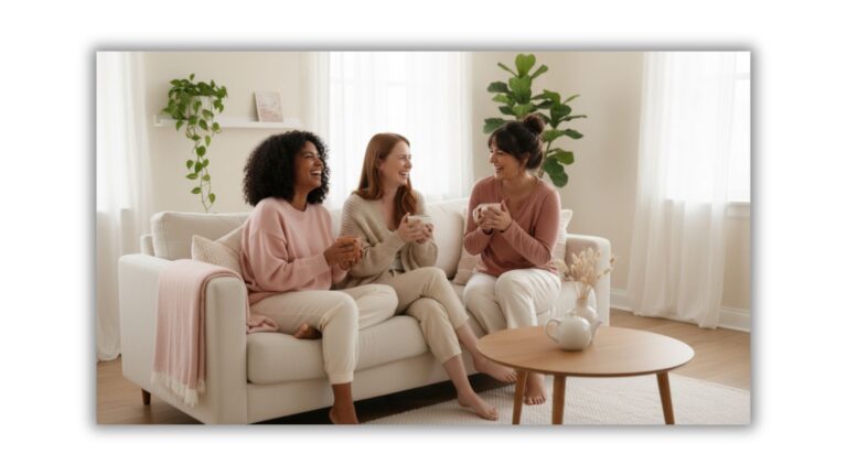 Three diverse women of different ages laughing and chatting over tea in a bright modern living room