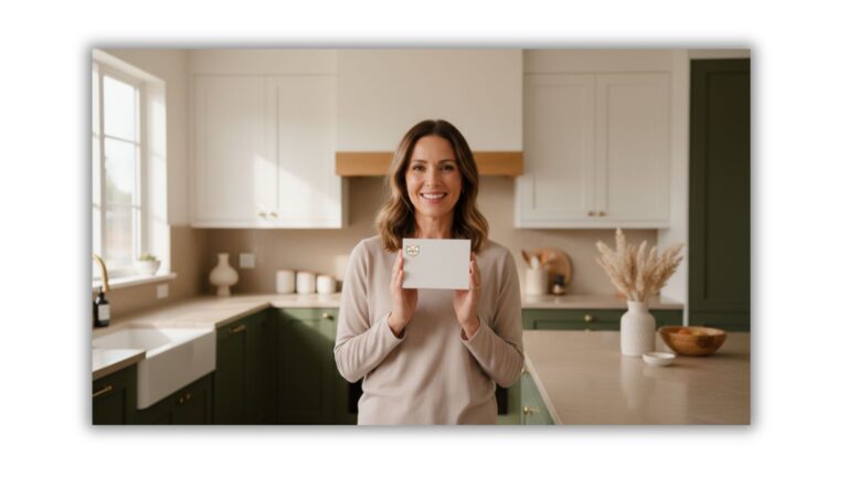 Woman smiling and holding a white HerNutrea microbiome test kit in a bright modern kitchen with natural light