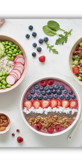 Overhead flat lay of gut-healthy meals